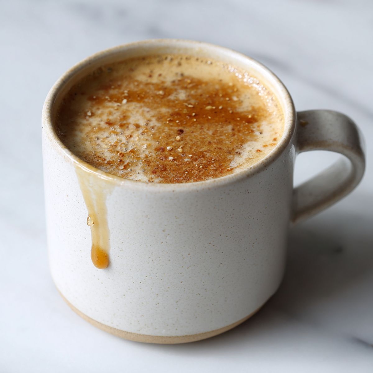 Homemade honey almond milk flat white recipe served in a white ceramic mug on a white marble counter with honey drizzle, photographed from overhead in natural morning light.