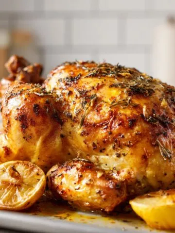 Homemade garlic butter roast chicken recipe with golden crispy skin on a white kitchen counter, shot from above by an amateur cook.