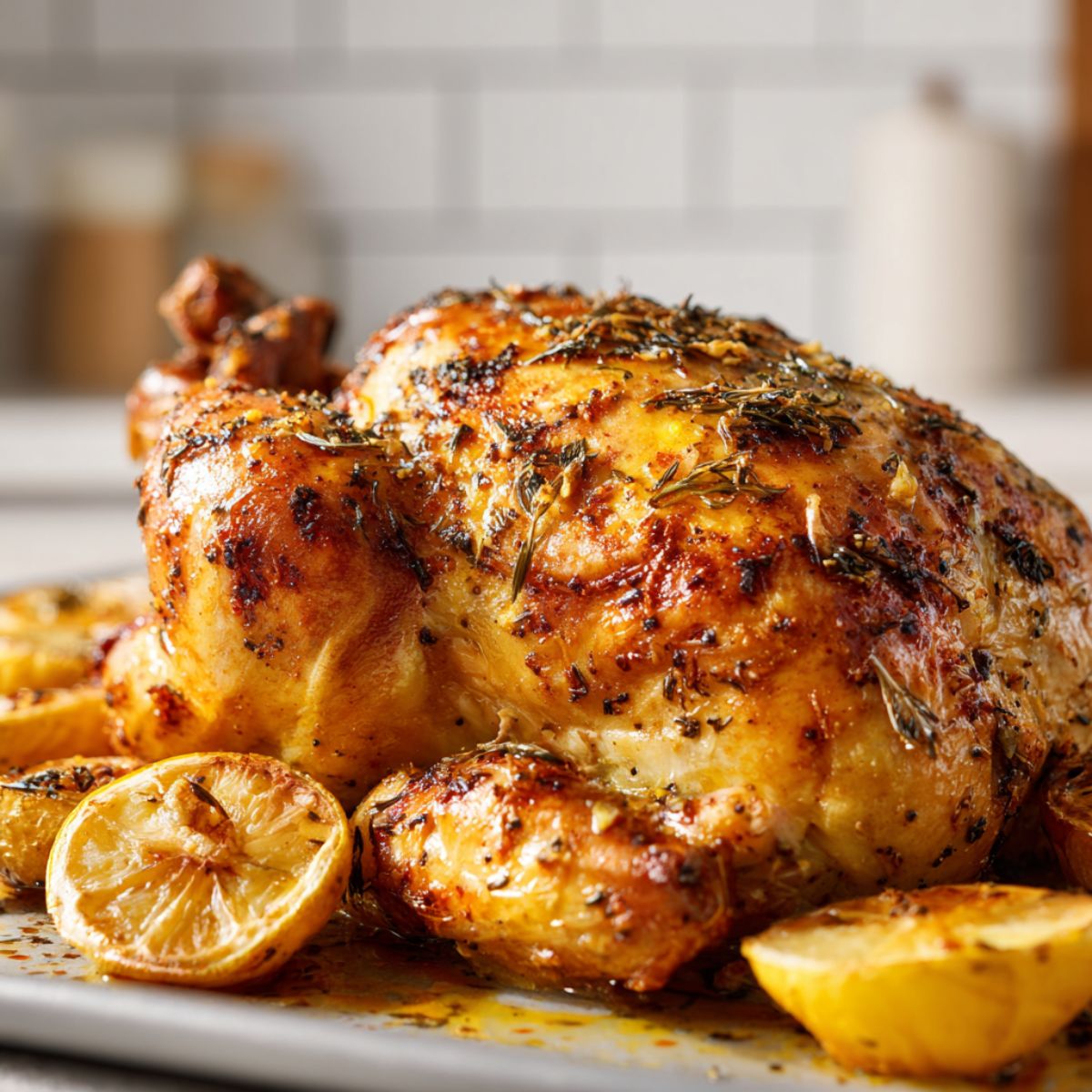 Homemade garlic butter roast chicken recipe with golden crispy skin on a white kitchen counter, shot from above by an amateur cook.