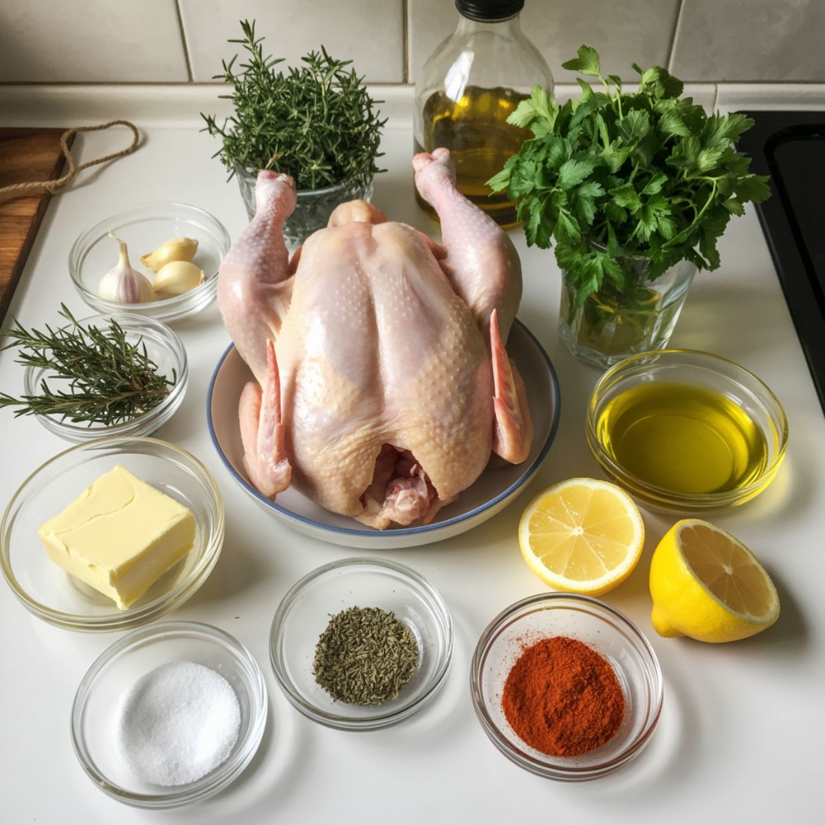 Flat lay of ingredients for garlic butter roast chicken on a white kitchen counter — butter, garlic, herbs, lemon, and raw chicken.