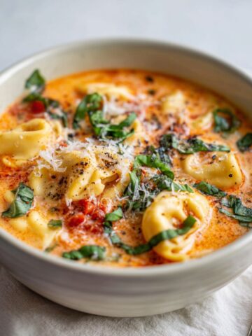 Homemade tomato basil tortellini soup recipe in a bowl topped with fresh basil and Parmesan, photographed overhead on a white kitchen counter.
