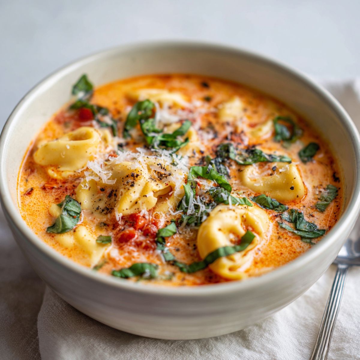 Homemade tomato basil tortellini soup recipe in a bowl topped with fresh basil and Parmesan, photographed overhead on a white kitchen counter.