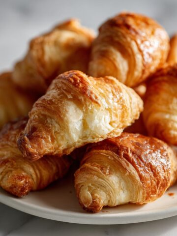 Overhead photo of homemade golden-brown croissant bites recipe on a white marble kitchen counter with crumbs and natural light, showing a cozy homemade feel.
