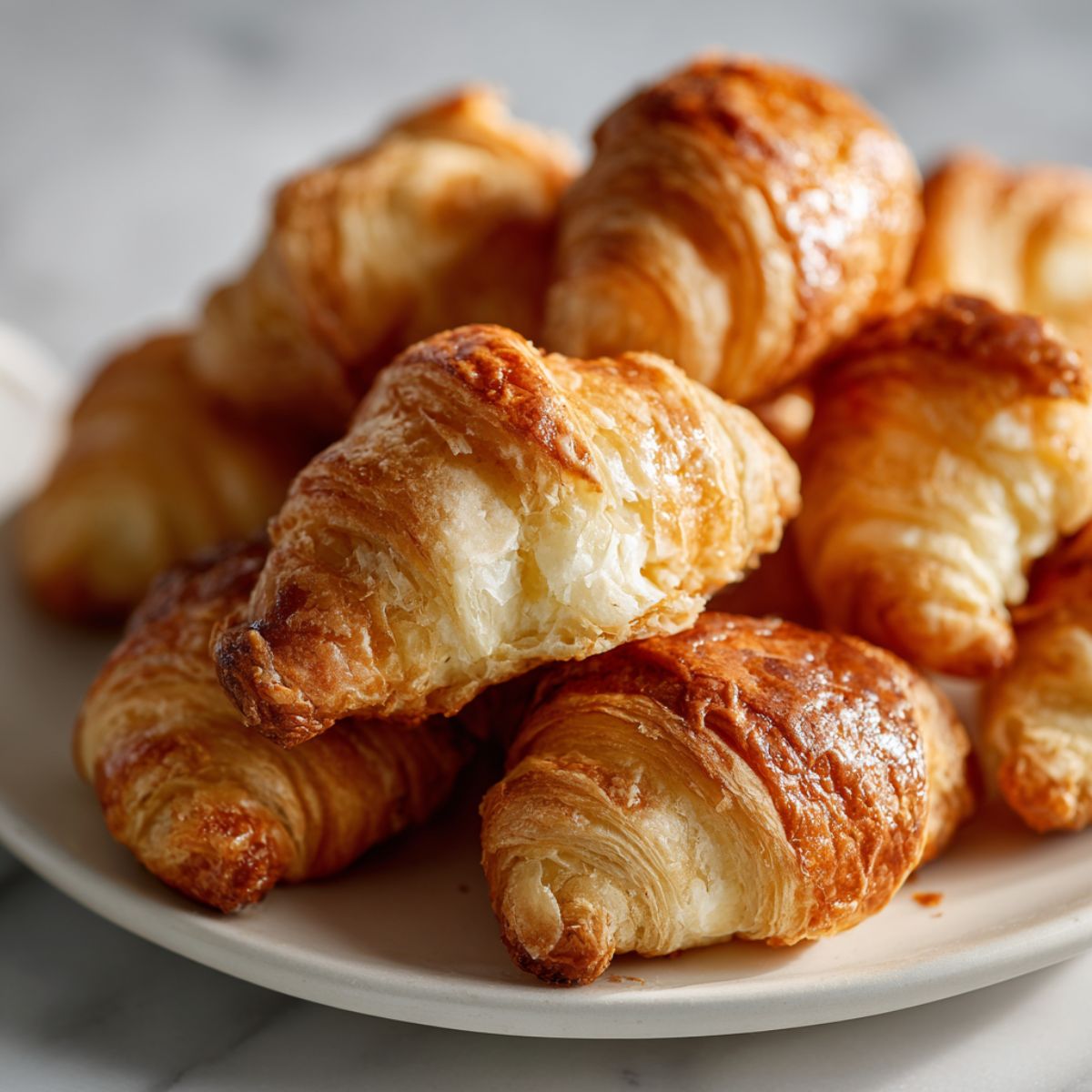 Overhead photo of homemade golden-brown croissant bites recipe on a white marble kitchen counter with crumbs and natural light, showing a cozy homemade feel.