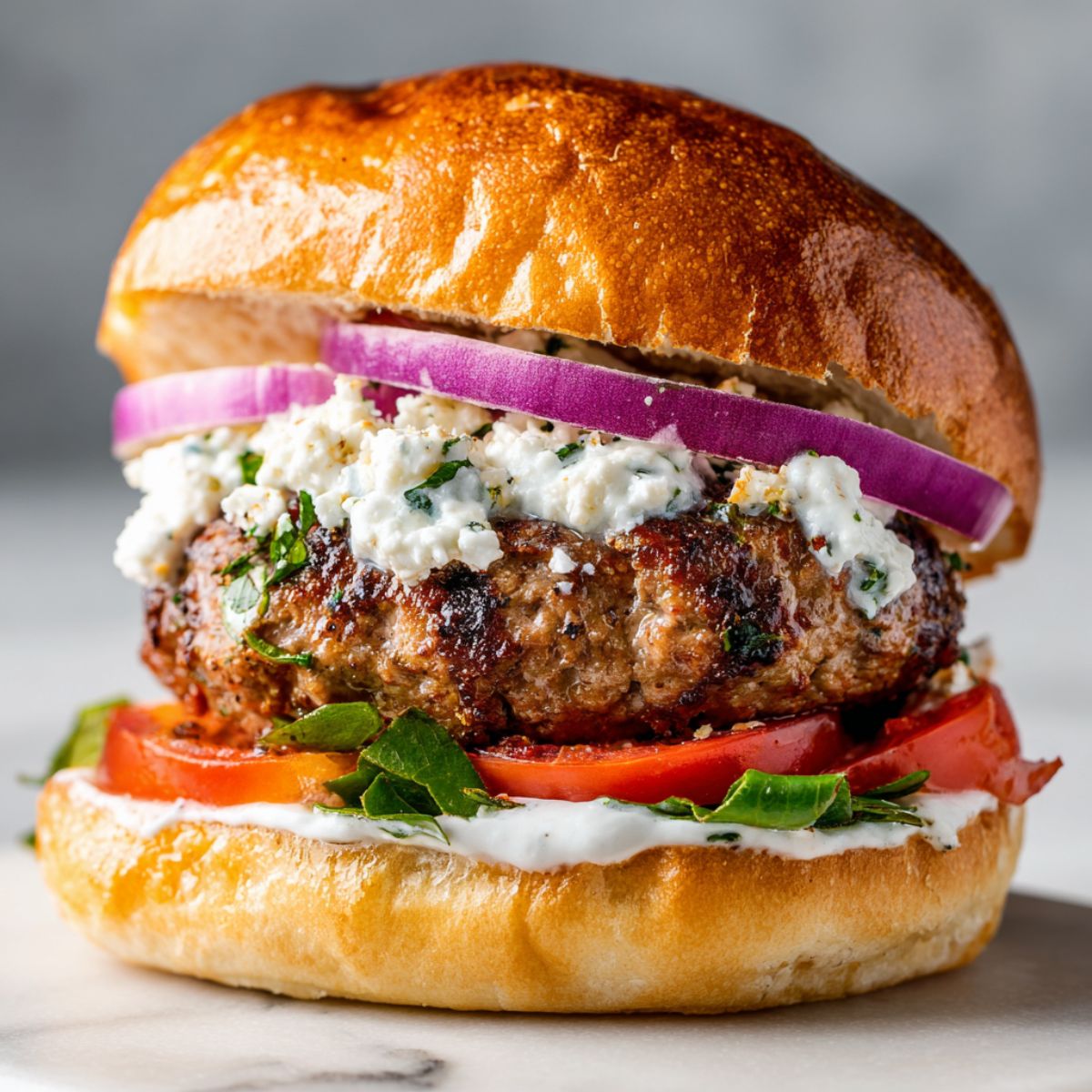 Homemade Mediterranean lamb burger recipe with feta, tzatziki, and fresh herbs on a white marble counter, captured from above in natural light.