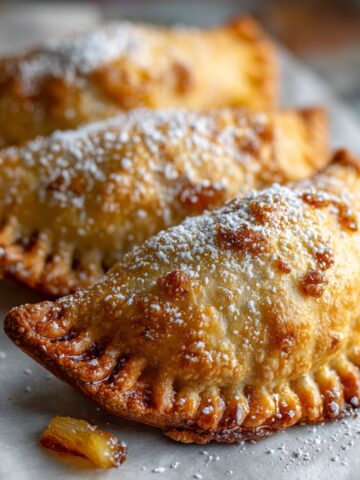 Homemade pineapple empanadas recipe resting on parchment paper on a white marble counter, golden and flaky with caramelized pineapple filling, shot from overhead in natural kitchen light.