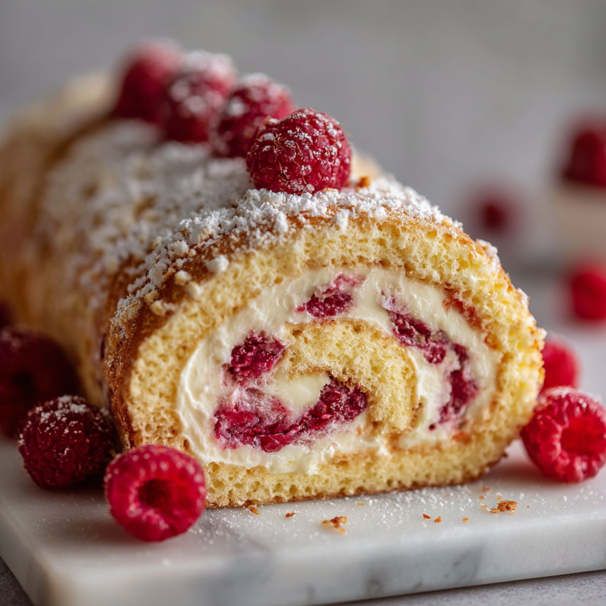 Overhead view of a homemade raspberry cake roll recipe sliced to show its creamy swirl filling, dusted with powdered sugar and fresh raspberries on a white marble counter.