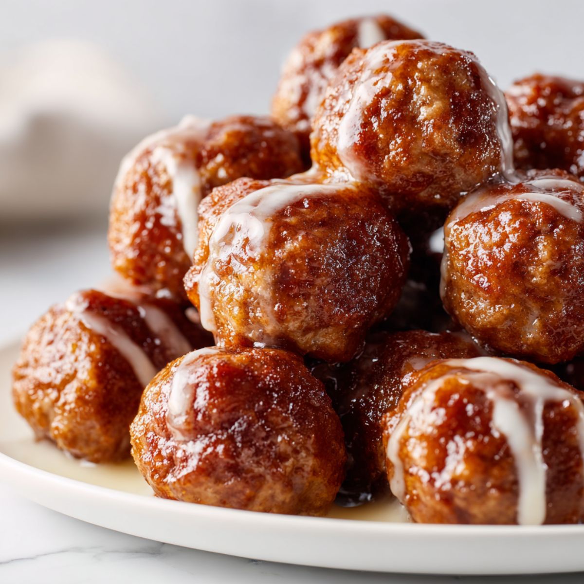 Overhead shot of homemade meatball bites recipe on a white marble kitchen counter with glaze drips, looking real and imperfect.