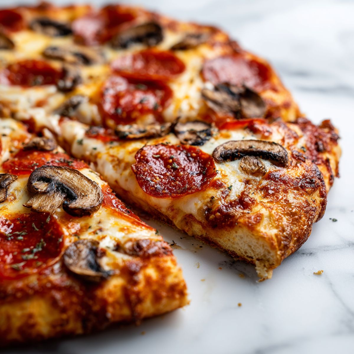 Overhead shot of a freshly baked homemade pepperoni and mushroom pizza recipe on a white marble counter with imperfect slices and melted cheese.