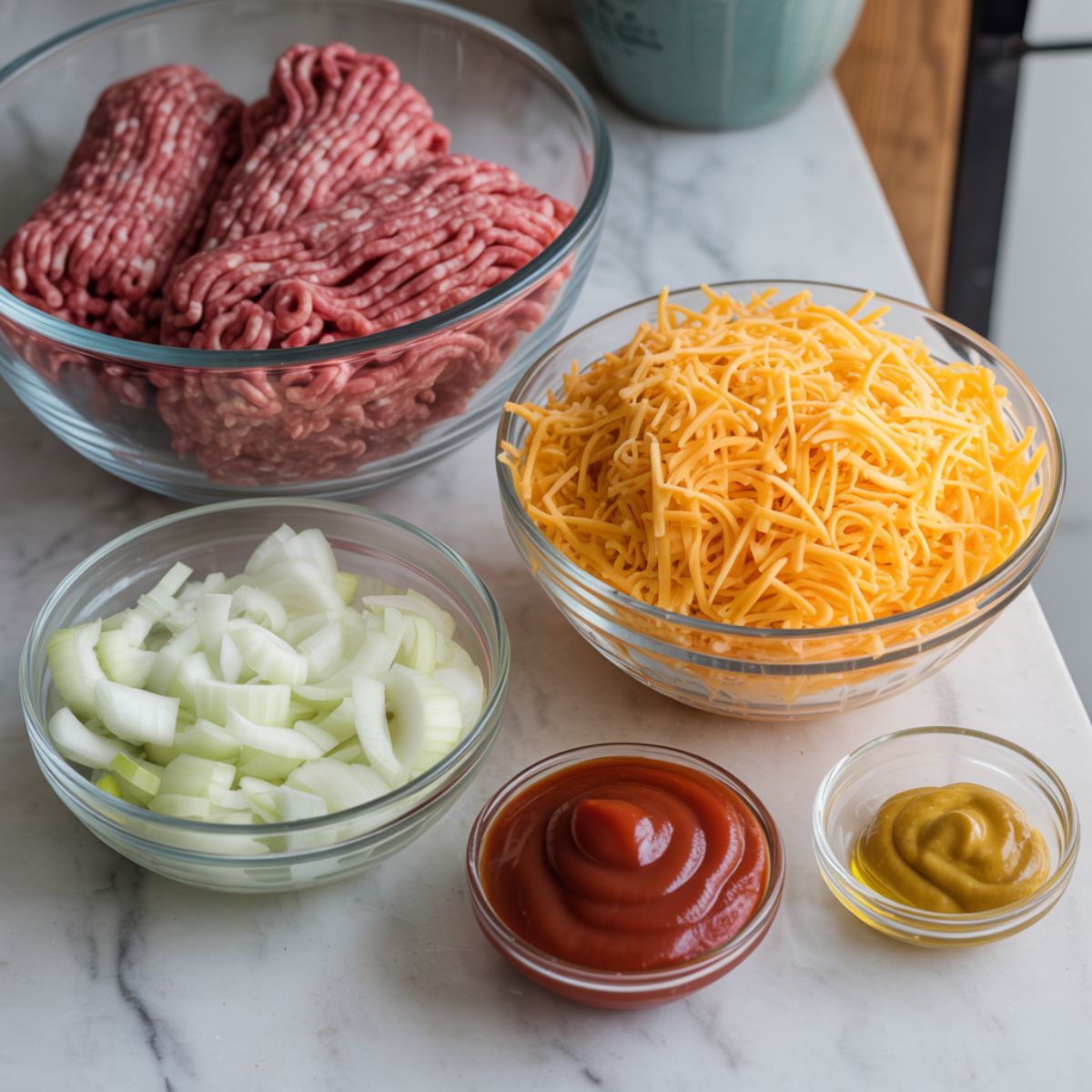 Overhead view of cheeseburger cup ingredients including ground beef, biscuit dough, cheese, onions, ketchup, and mustard on a white kitchen counter.