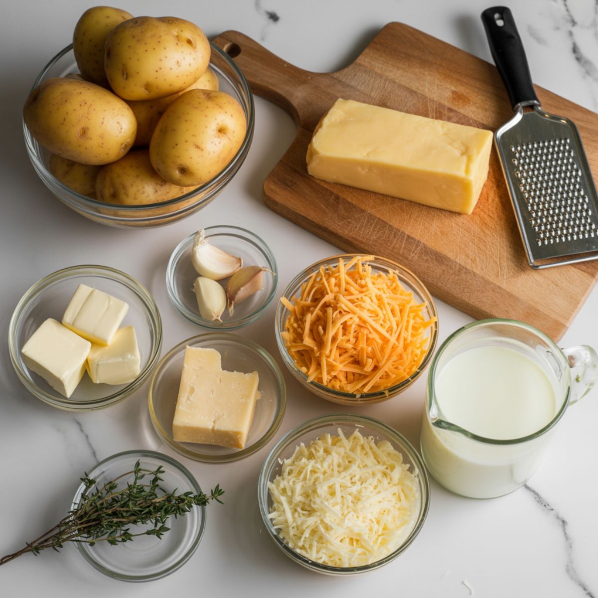 Overhead photo of raw ingredients for cheesy garlic scalloped potatoes — potatoes, cheese, garlic, butter, and cream on a white kitchen counter.