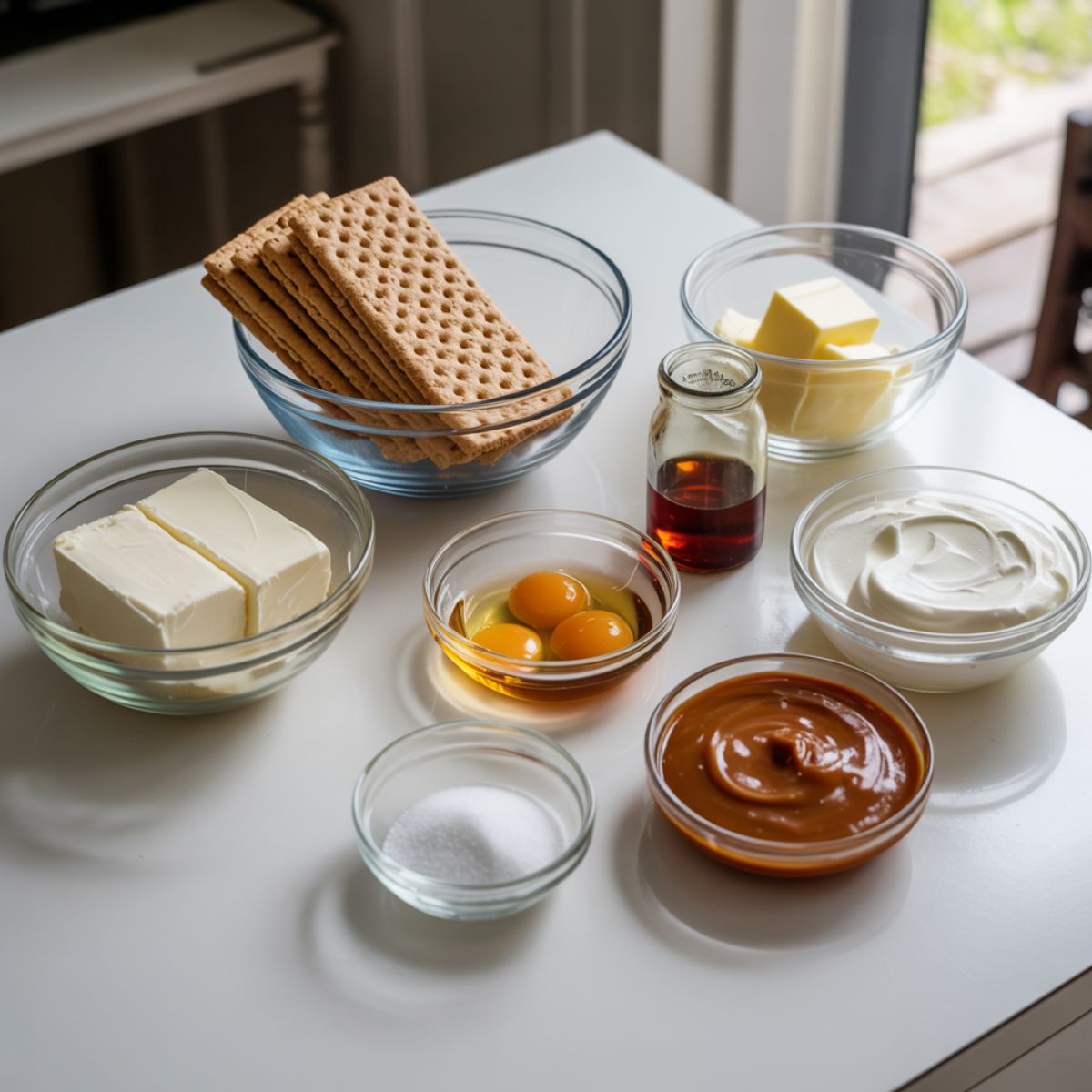 Overhead photo of ingredients for homemade dulce de leche cheesecake bars on a white kitchen counter, including graham crackers, cream cheese, eggs, and dulce de leche.