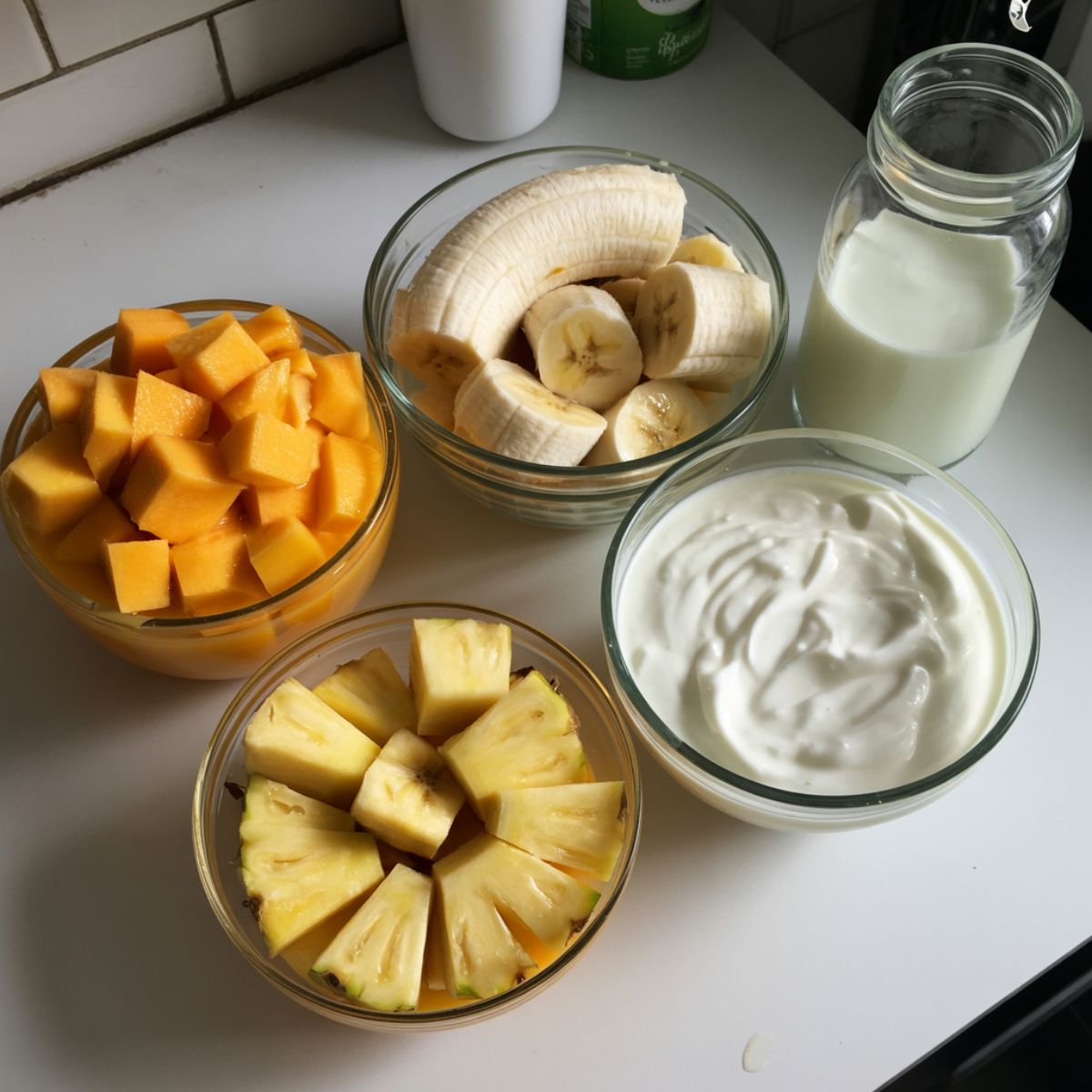 Overhead photo of fresh ingredients for a tropical mango smoothie: mango chunks, banana pieces, pineapple, coconut milk, and Greek yogurt on a white kitchen counter.