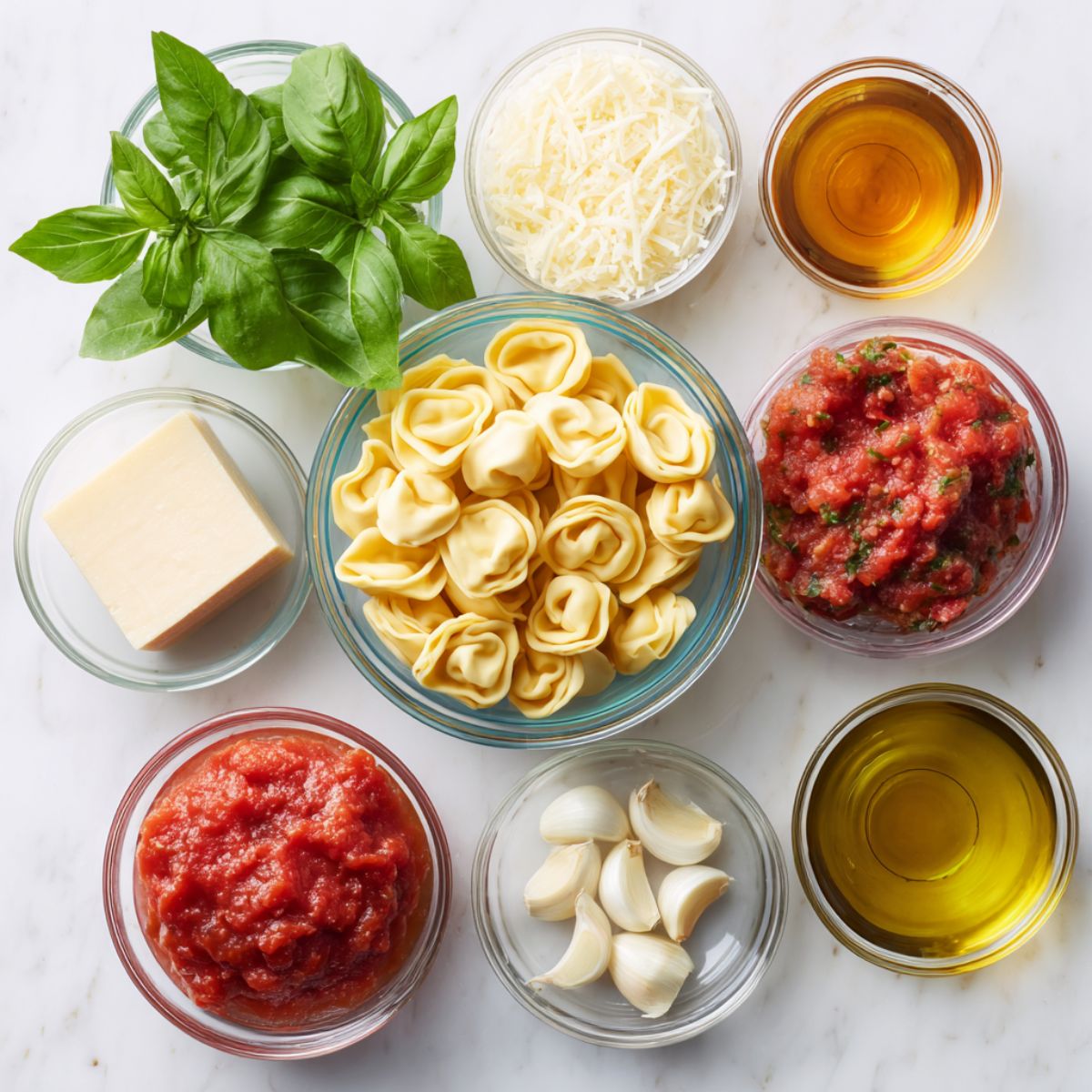 Overhead view of fresh ingredients for homemade tomato basil tortellini soup including basil, tortellini, tomatoes, onion, garlic, Parmesan, and broth on a white kitchen counter.