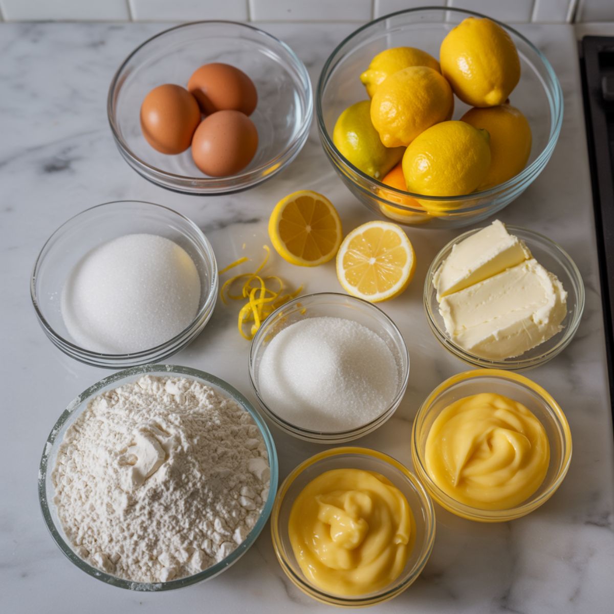 Overhead shot of ingredients for lemon cake roll on a white marble counter — eggs, lemons, sugar, flour, and cream cheese.