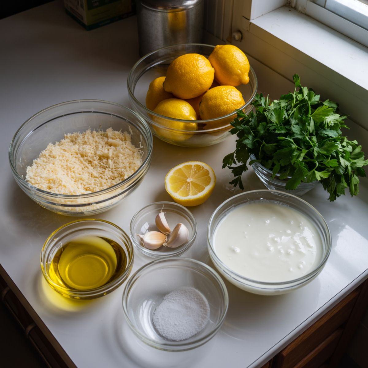Overhead shot of lemon parmesan ingredients — grated parmesan, fresh lemons, garlic, olive oil, cream, and parsley on a white counter in a homemade kitchen.