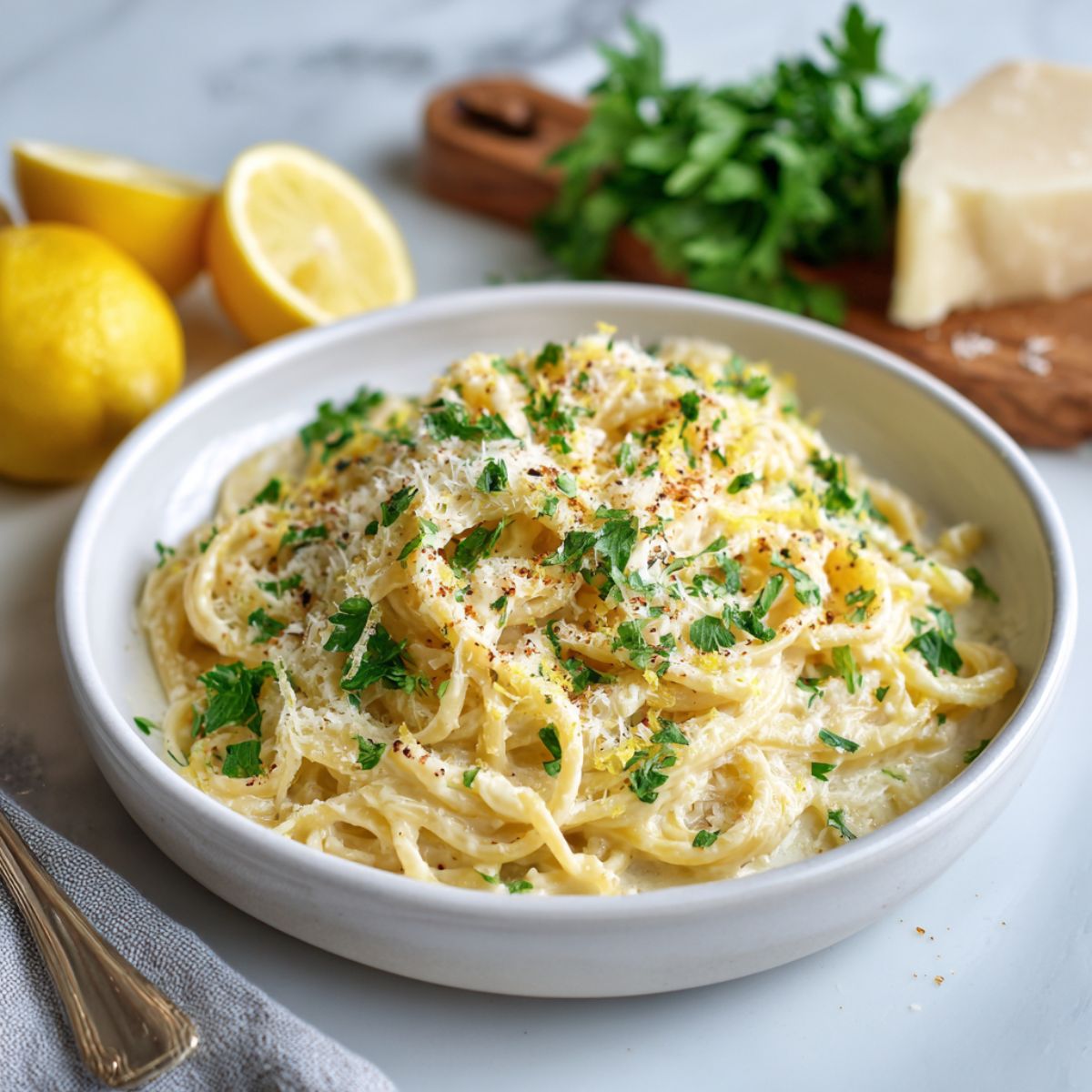 Overhead view of creamy lemon parmesan recipe pasta on a white kitchen counter, sprinkled with parsley and lemon zest in a cozy homemade setting.