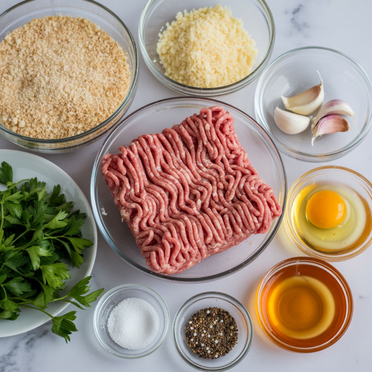 Overhead photo of meatball bite ingredients on a white marble counter, with ground beef, breadcrumbs, egg, garlic, and seasonings in a casual homemade layout.