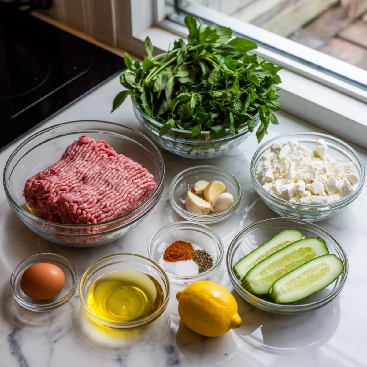 Overhead view of ingredients for Mediterranean lamb burger — ground lamb, herbs, feta, garlic, and spices — on a white kitchen counter with a natural homemade look.
