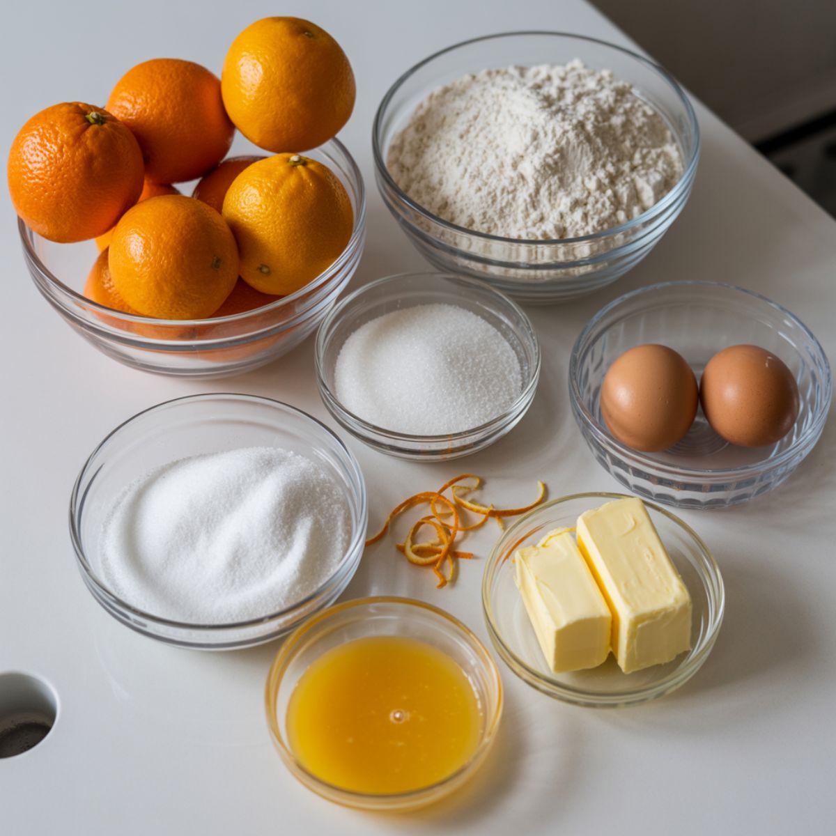 Overhead shot of fresh oranges, flour, sugar, butter, eggs, and orange juice on a white counter for making homemade orange bread.