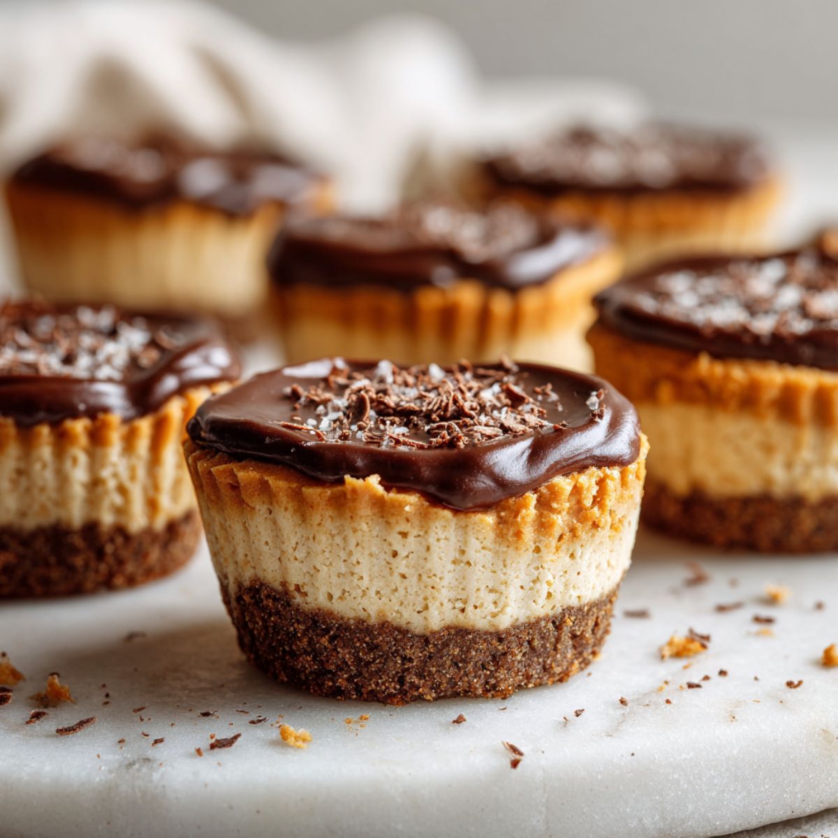 Overhead photo of homemade peanut butter cheesecake bites recipe with chocolate ganache on a white kitchen counter, looking real and slightly imperfect.