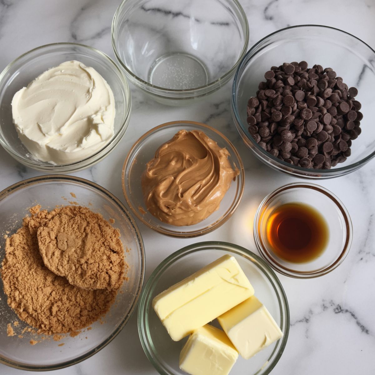 Overhead shot of peanut butter cheesecake bite ingredients on a white marble counter, including peanut butter, cream cheese, chocolate chips, and graham crackers in a homemade setup.