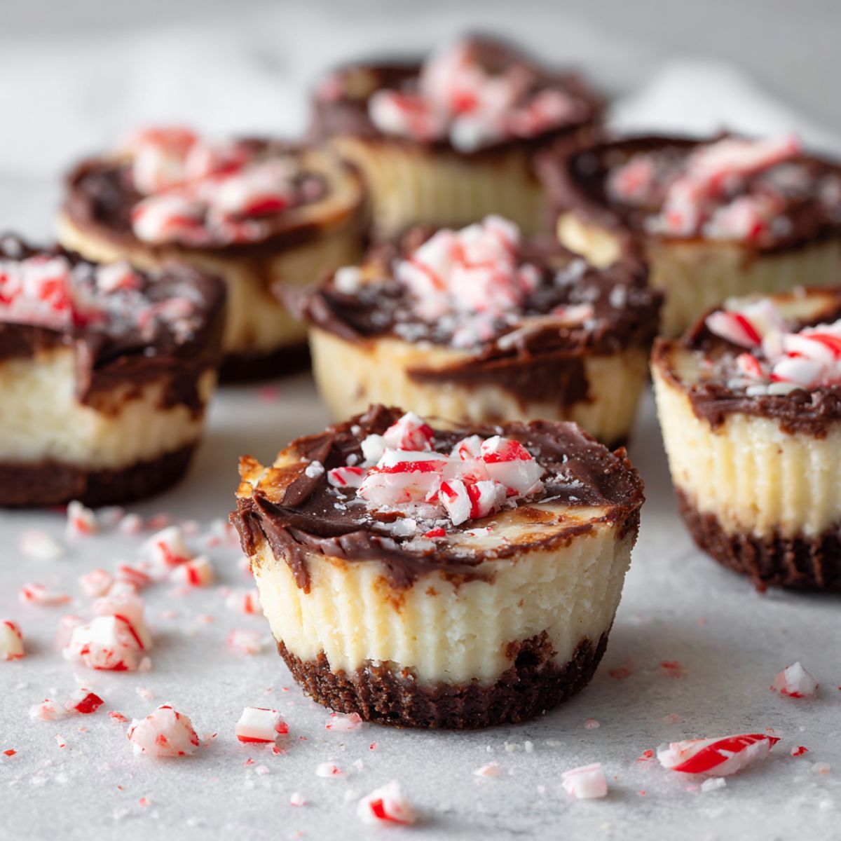 Overhead view of homemade peppermint cheesecake bites recipe on a white kitchen counter, topped with crushed candy canes and chocolate, looking cozy and imperfectly made.