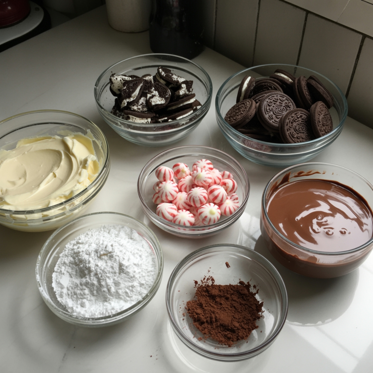 Overhead photo of peppermint cheesecake ingredients including cream cheese, Oreos, candy canes, and chocolate on a white kitchen counter with a natural homemade look.