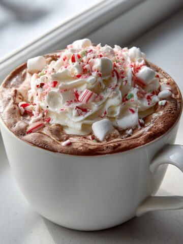 Overhead view of a homemade peppermint hot chocolate recipe topped with whipped cream, crushed candy canes, and marshmallows on a white kitchen counter.