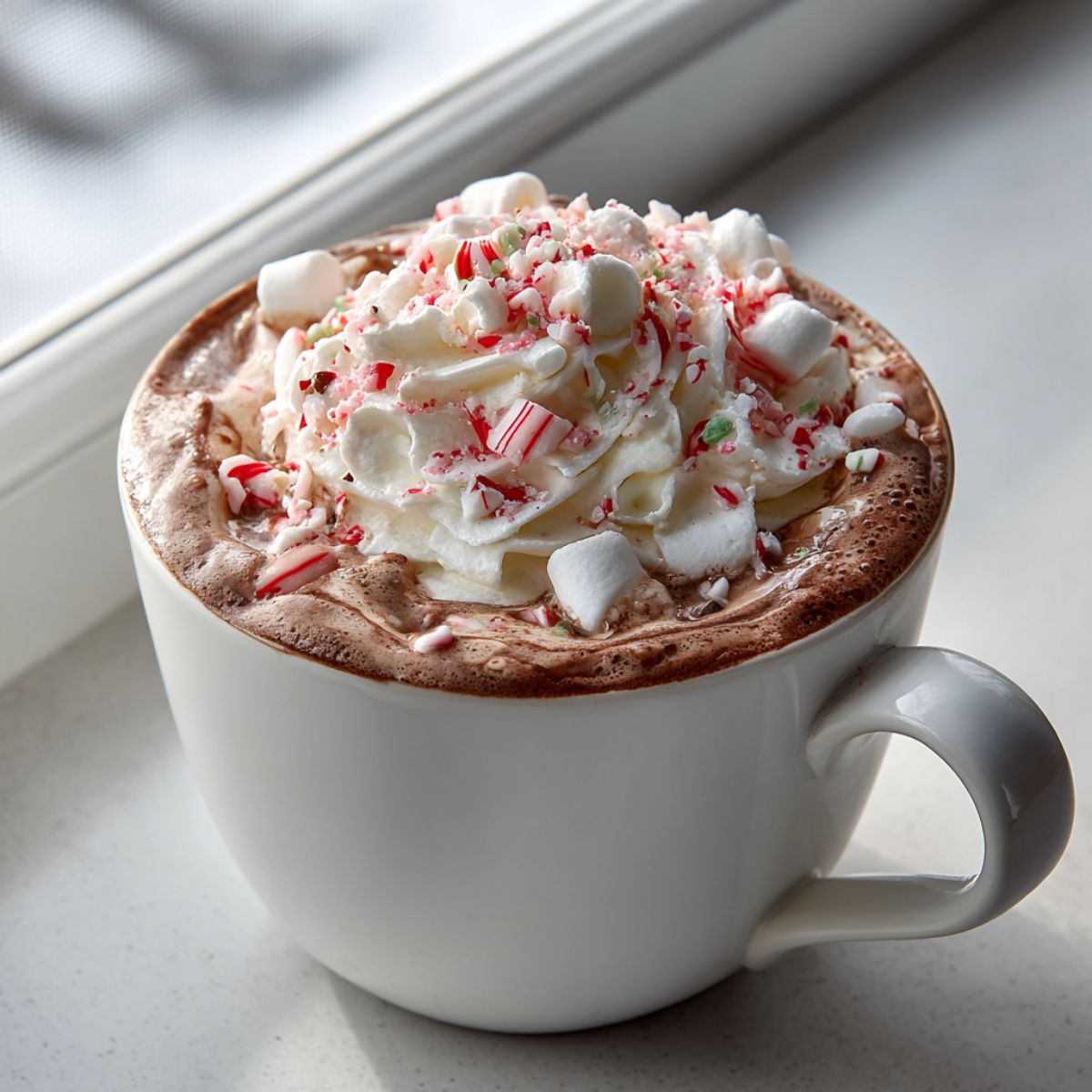 Overhead view of a homemade peppermint hot chocolate recipe topped with whipped cream, crushed candy canes, and marshmallows on a white kitchen counter.