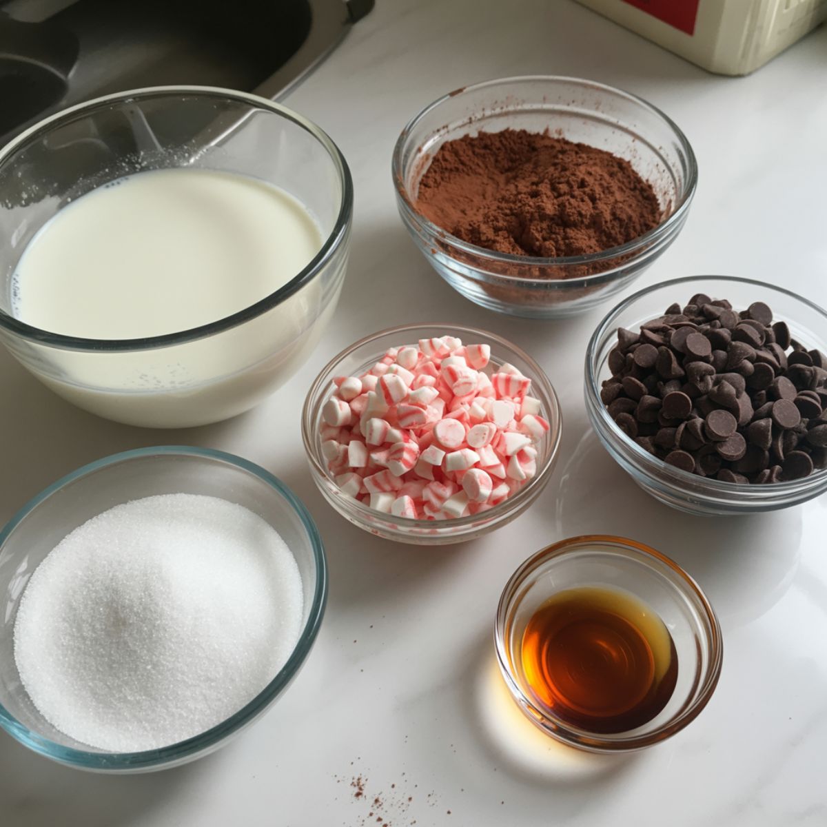 Overhead shot of ingredients for peppermint hot chocolate including milk, cocoa powder, chocolate chips, candy canes, and peppermint extract on a white counter.