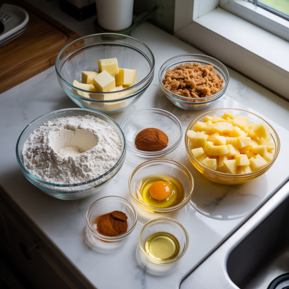 Overhead photo of pineapple empanadas ingredients on a white marble kitchen counter — flour, butter, brown sugar, crushed pineapple, and cinnamon laid out naturally for baking.