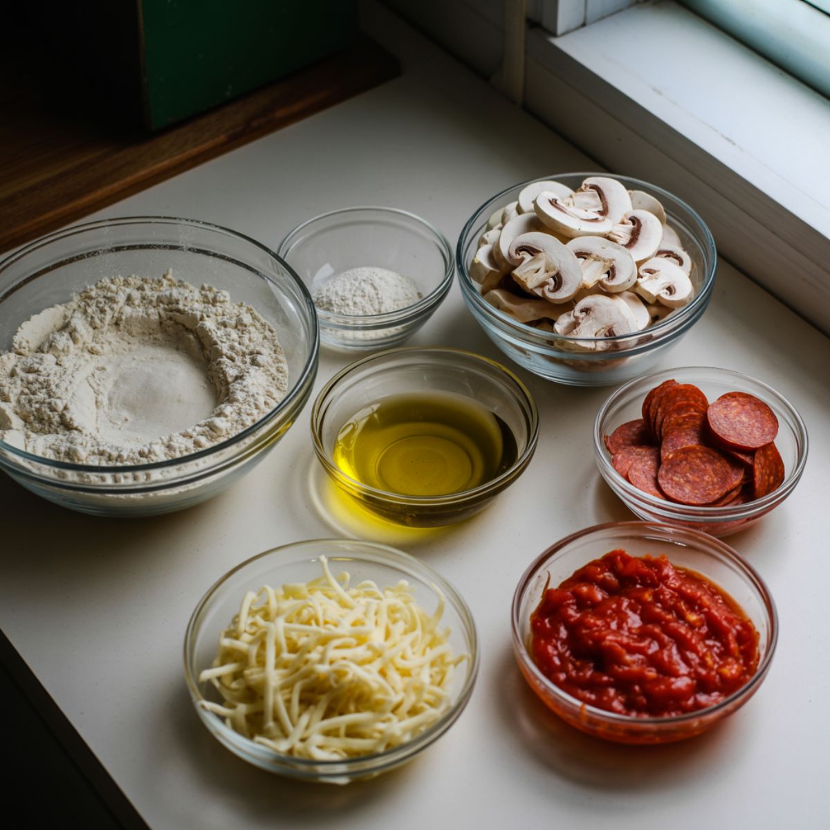 Overhead photo of homemade pizza ingredients including flour, mushrooms, pepperoni, olive oil, and cheese on a white kitchen counter with light flour dust.