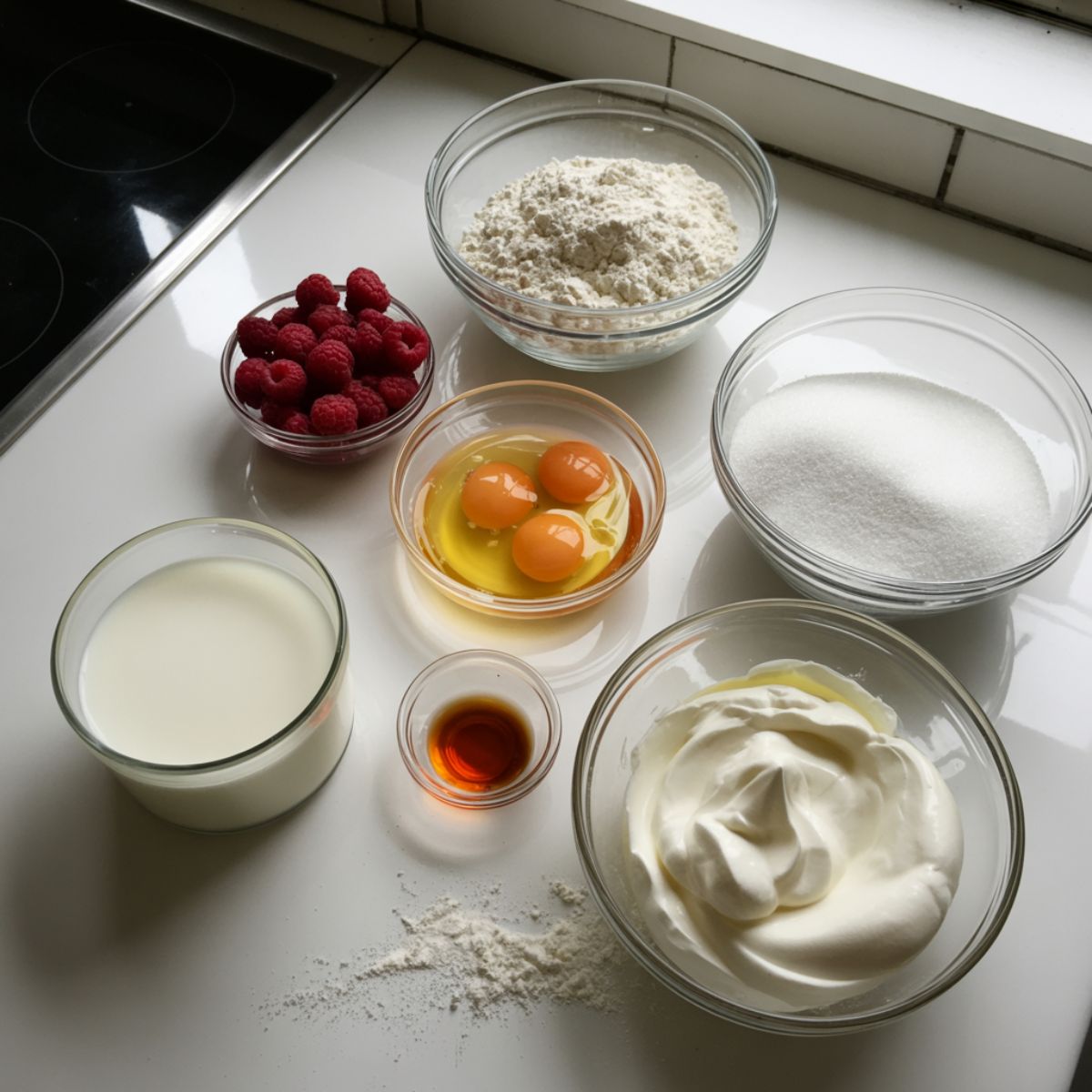 Overhead flat lay of ingredients for raspberry cake roll including raspberries, eggs, flour, sugar, milk, and cream on a white kitchen counter with a natural homemade look.