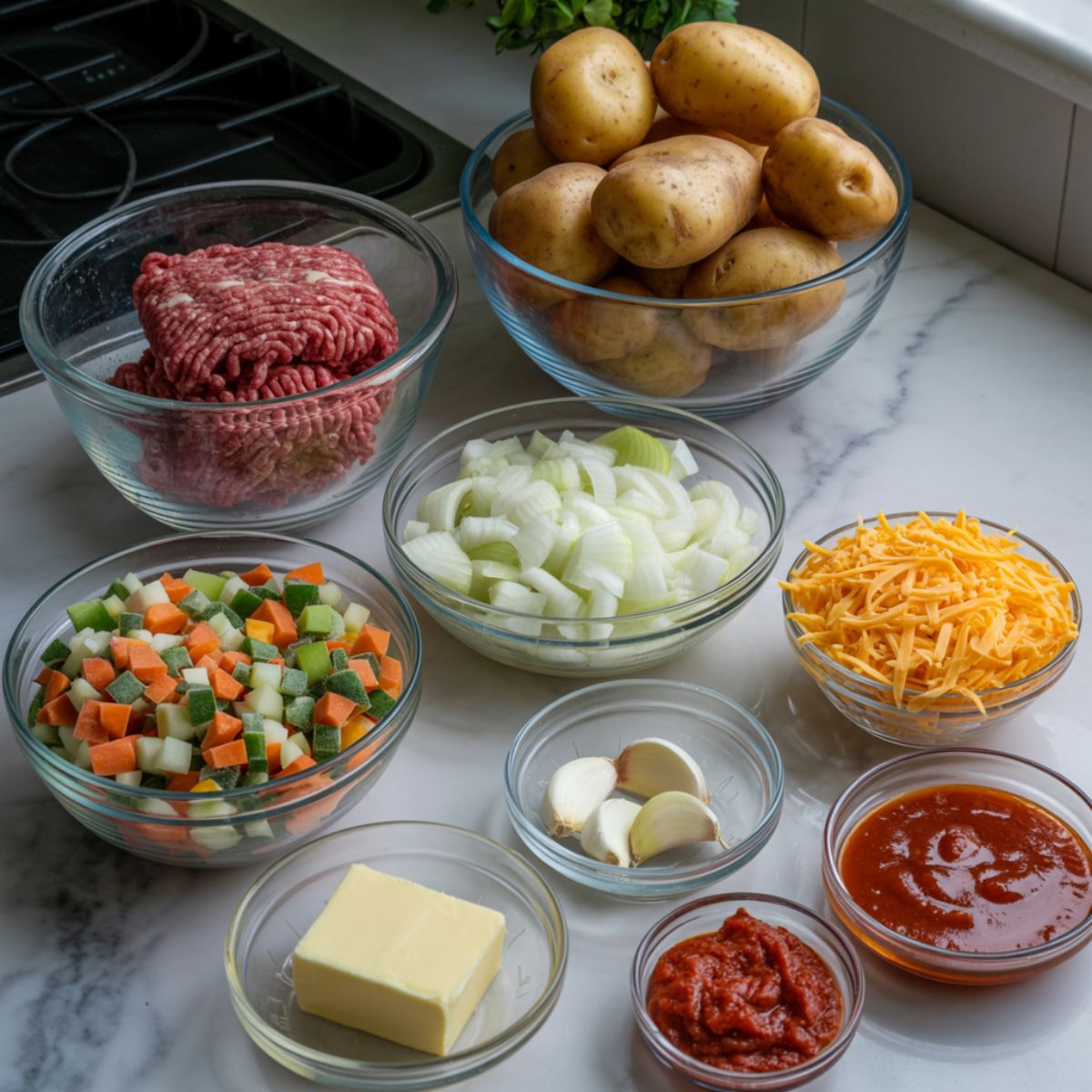 Overhead view of shepherd’s pie casserole ingredients on a white kitchen counter — ground beef, potatoes, cheese, vegetables, and seasonings ready to cook.