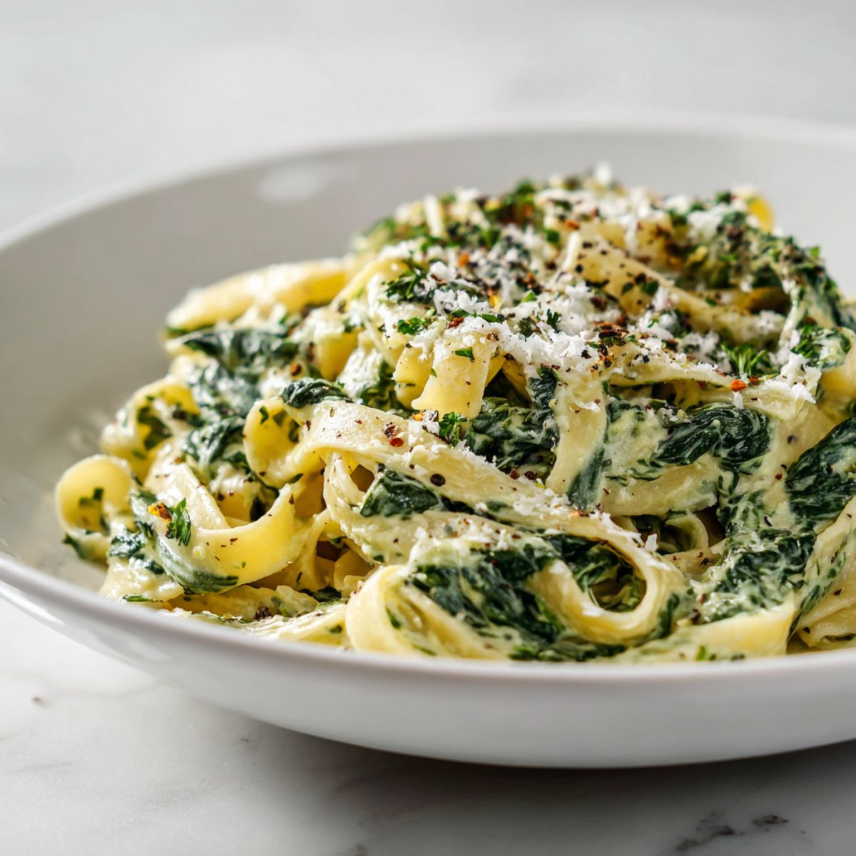 Overhead shot of creamy spinach tagliatelle recipe pasta on a white plate with parmesan, homemade and imperfectly plated on a marble counter.