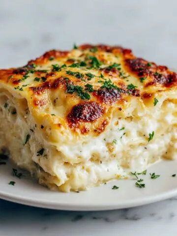 Overhead shot of a homemade Alfredo lasagna recipe in a white baking dish on a white marble counter with golden melted cheese on top
