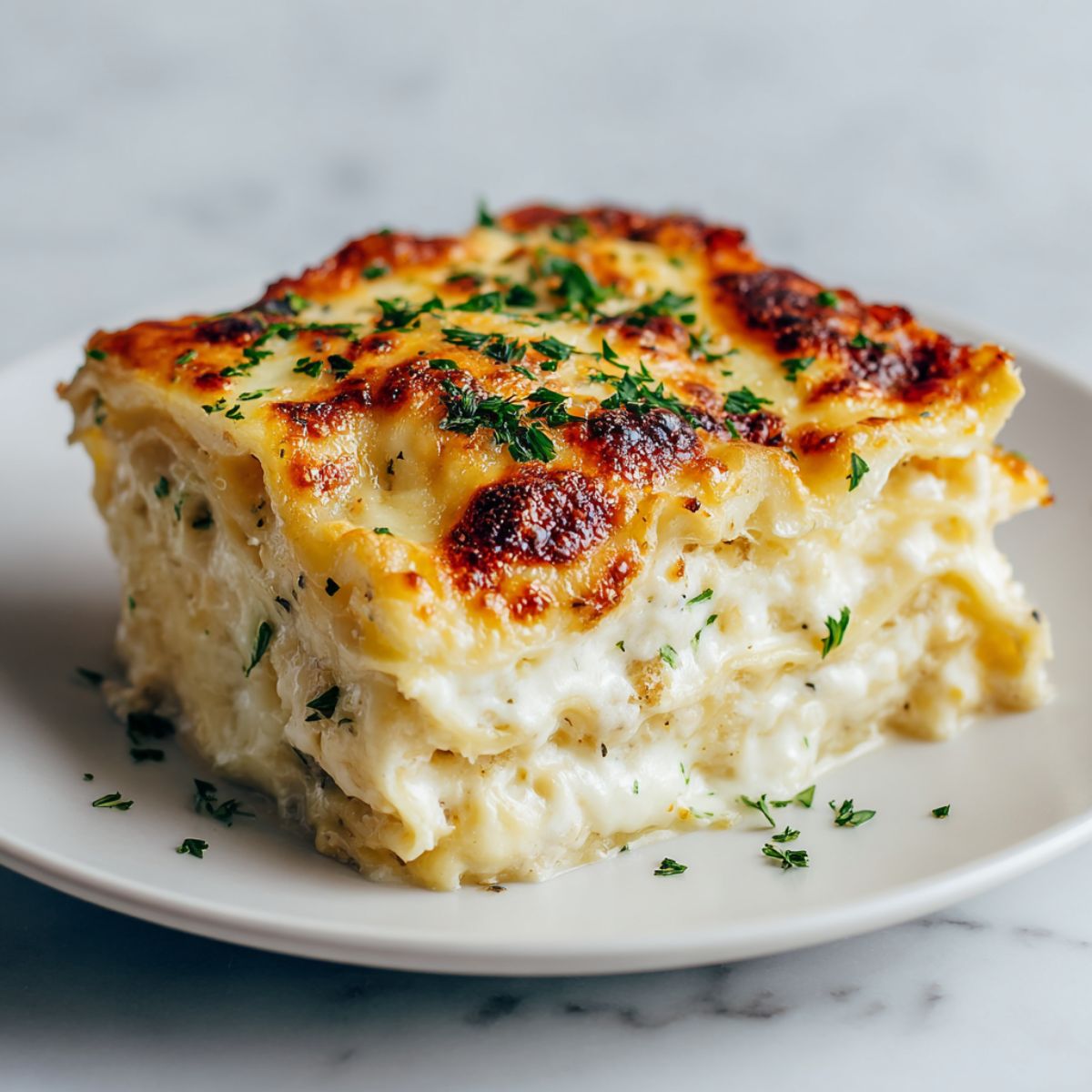 Overhead shot of a homemade Alfredo lasagna recipe in a white baking dish on a white marble counter with golden melted cheese on top