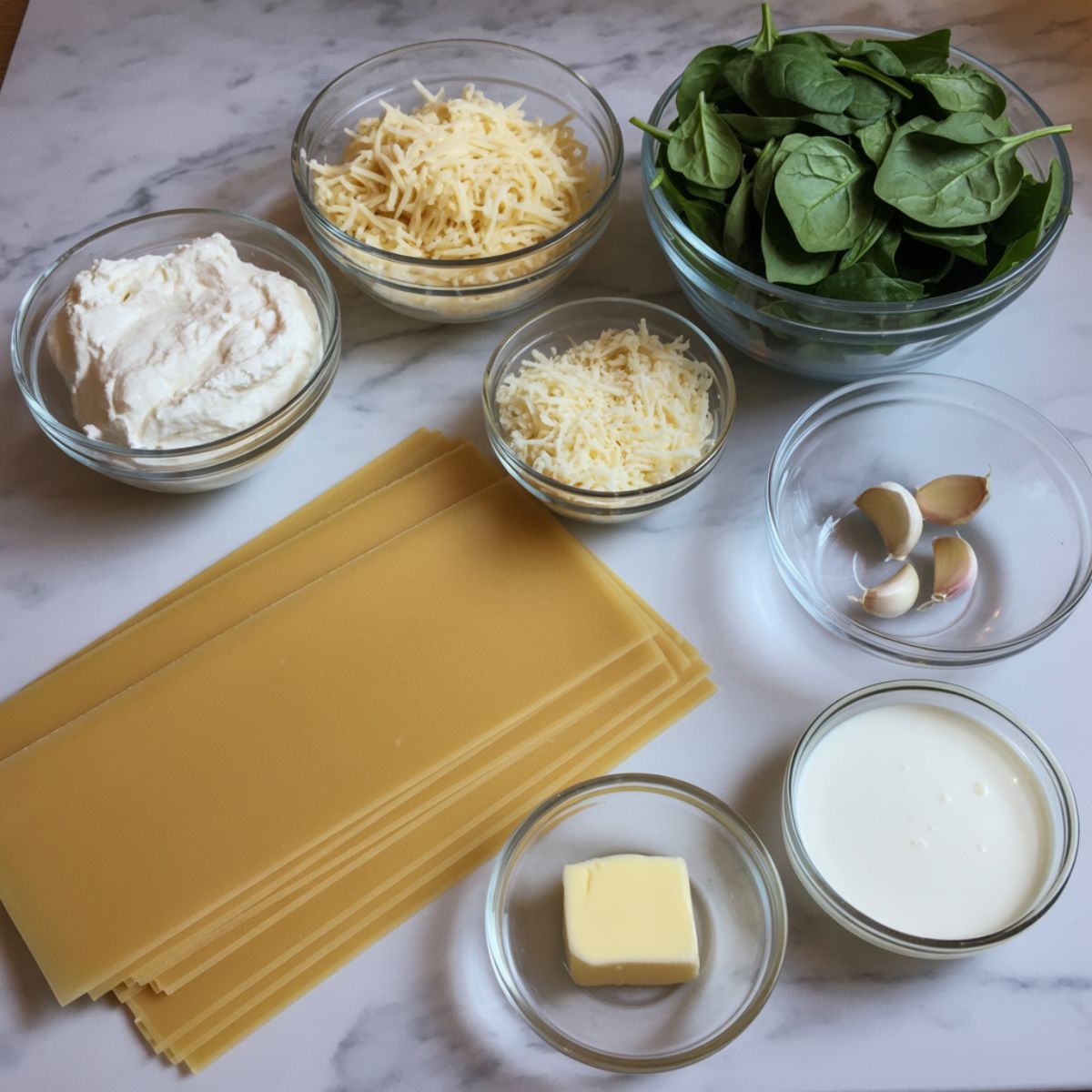 Overhead flat lay of Alfredo lasagna ingredients on a white marble kitchen counter including pasta, cheeses, spinach, garlic, butter, and cream.