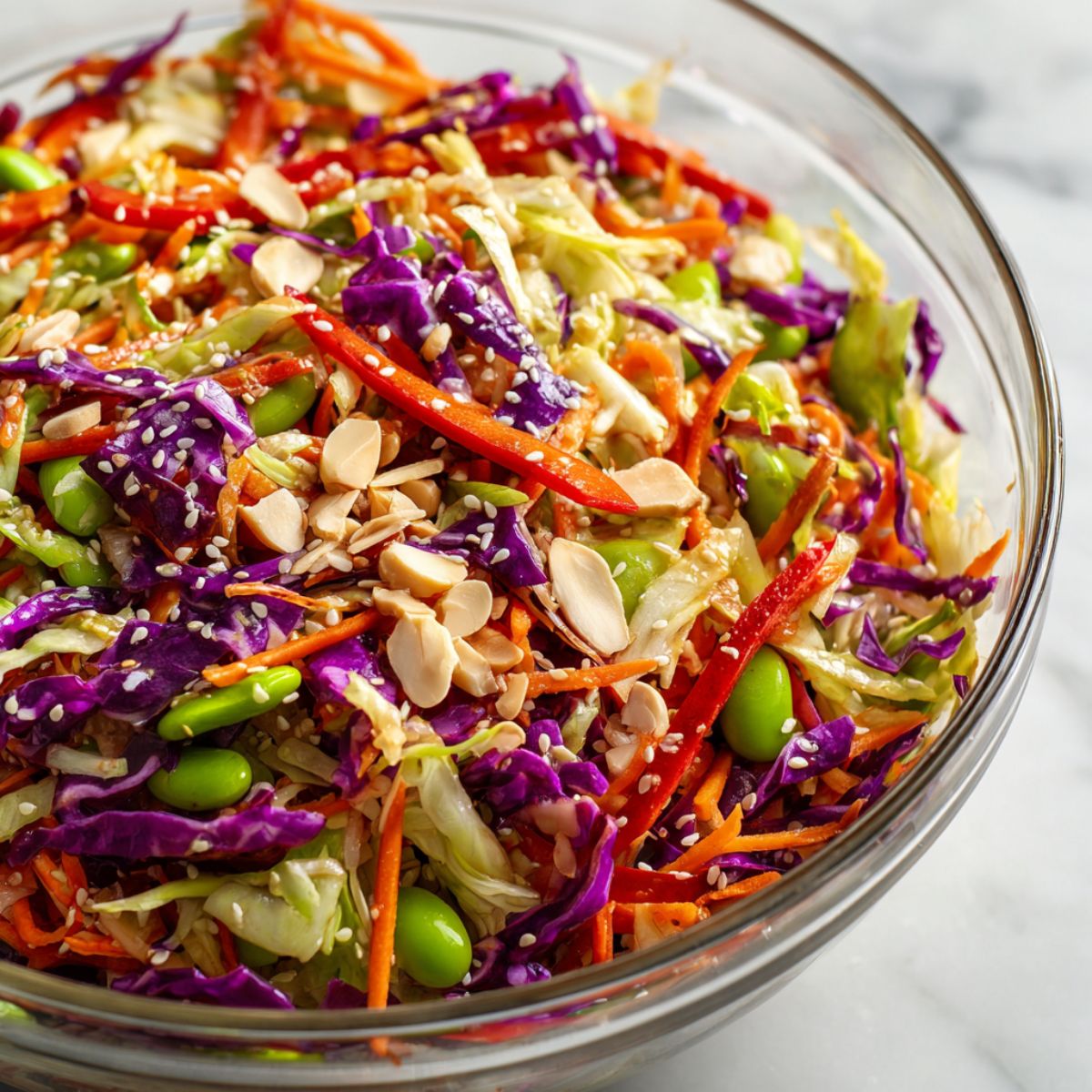 Homemade Asian sesame salad recipe with cabbage, carrots, bell pepper, edamame, and sesame seeds on a white kitchen counter, overhead shot.