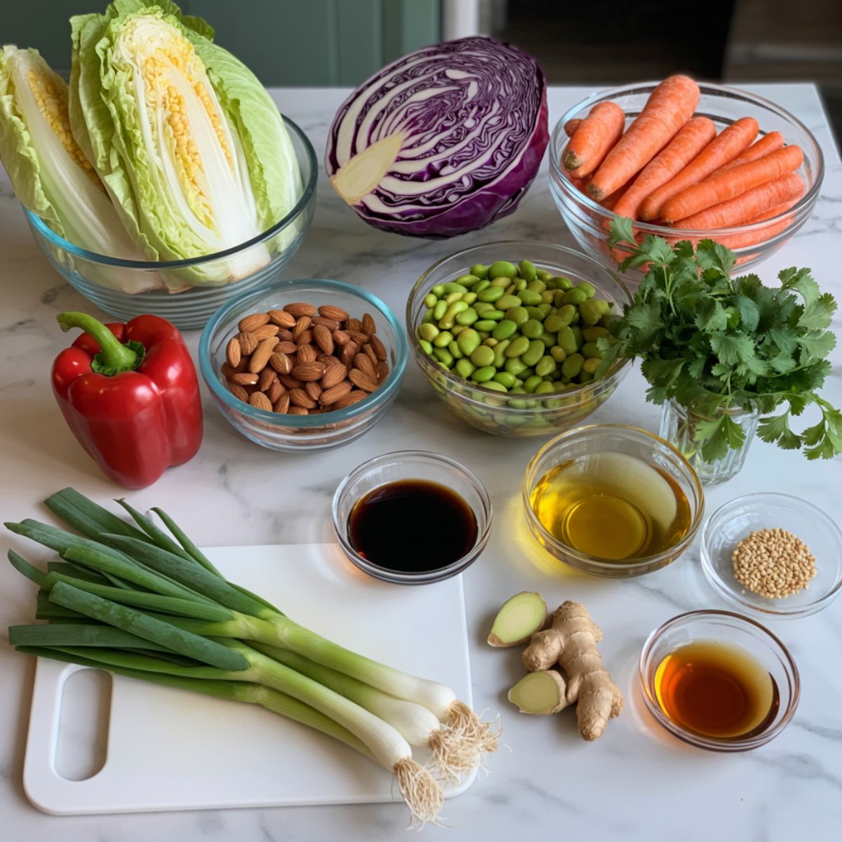 Overhead view of fresh ingredients for Asian sesame salad including cabbage, carrots, bell pepper, edamame, sesame seeds, almonds, and dressing ingredients on a white kitchen counter.