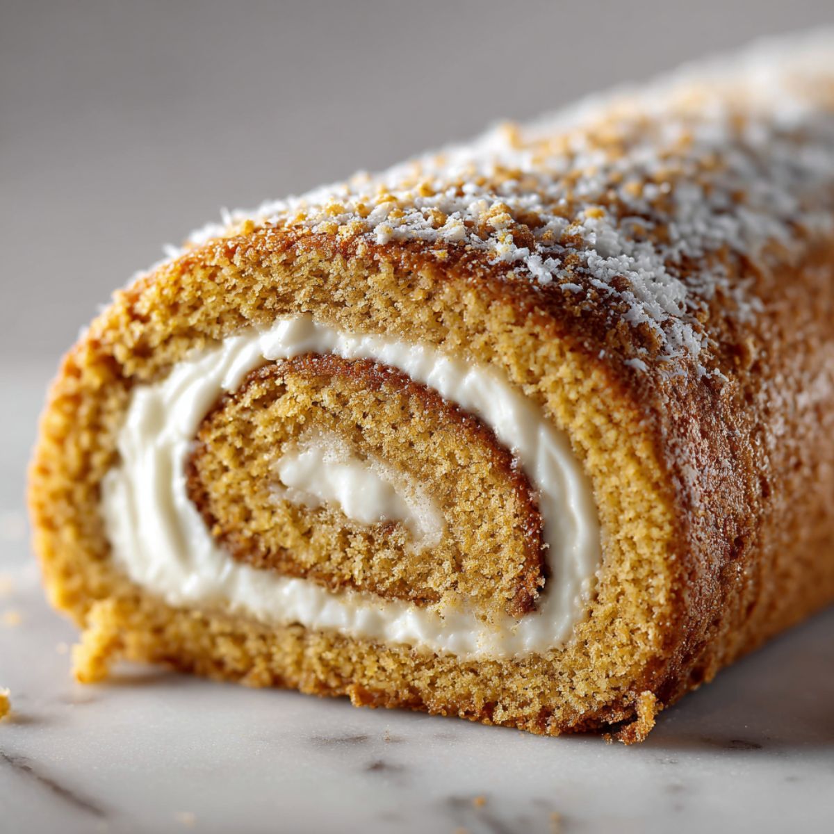 Homemade banana cake roll recipe with cream cheese filling sliced on a white kitchen counter, photographed from above in natural light.
