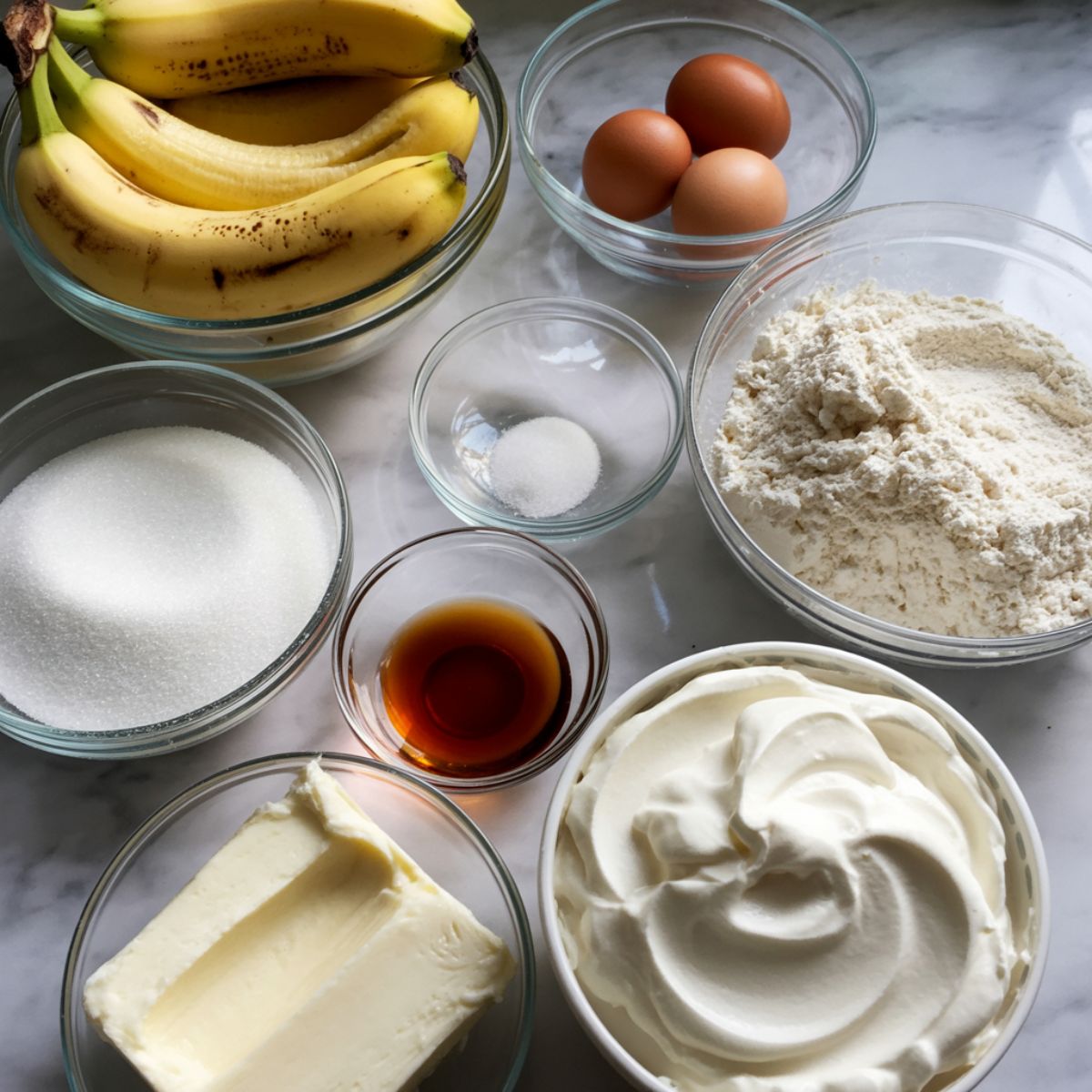 Ingredients for homemade banana cake roll including ripe bananas, eggs, sugar, flour, and cream cheese on a white marble counter, photographed from above.