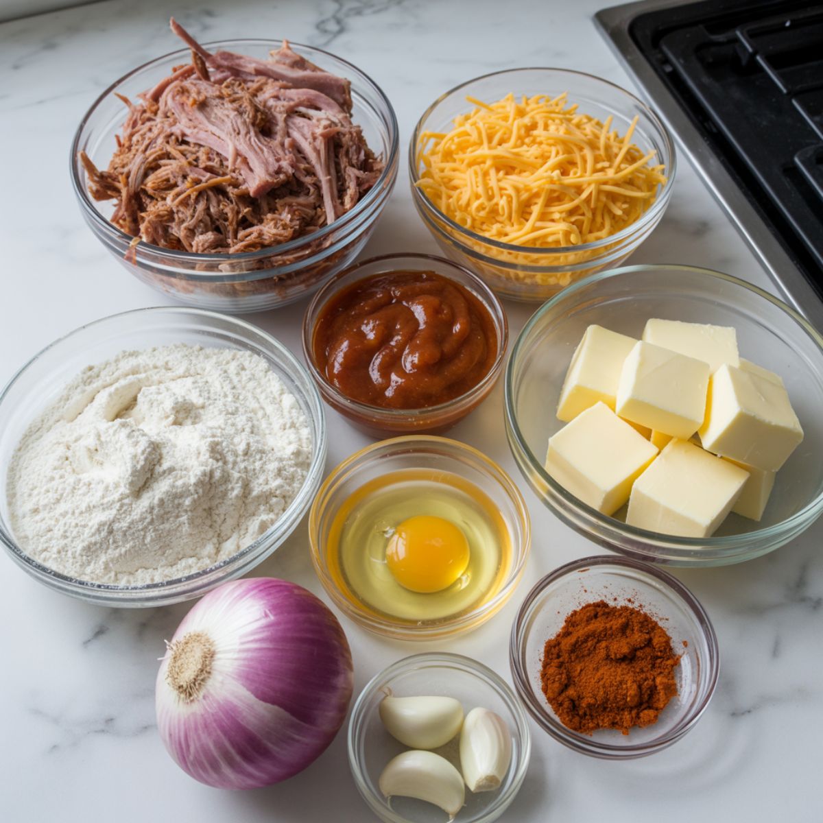Overhead view of BBQ pulled pork empanadas ingredients on a white marble kitchen counter — pulled pork, cheddar cheese, BBQ sauce, flour, butter, and spices ready to cook.