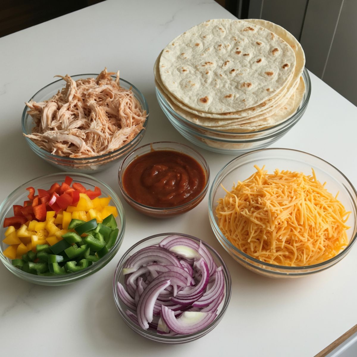 Overhead view of BBQ chicken quesadilla ingredients: shredded chicken, BBQ sauce, bell peppers, onions, cheese, and tortillas on a white counter.
