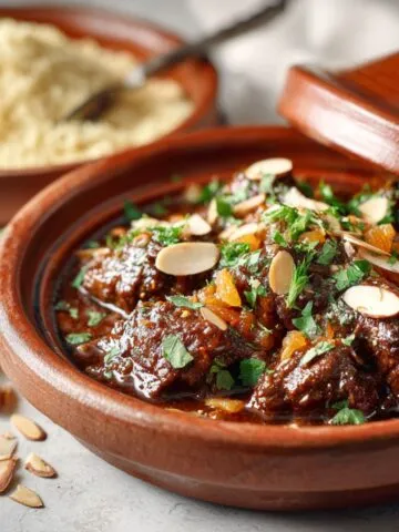 Homemade Moroccan beef tagine recipe in a clay pot on a white kitchen counter, captured from above with a rustic, homemade feel.