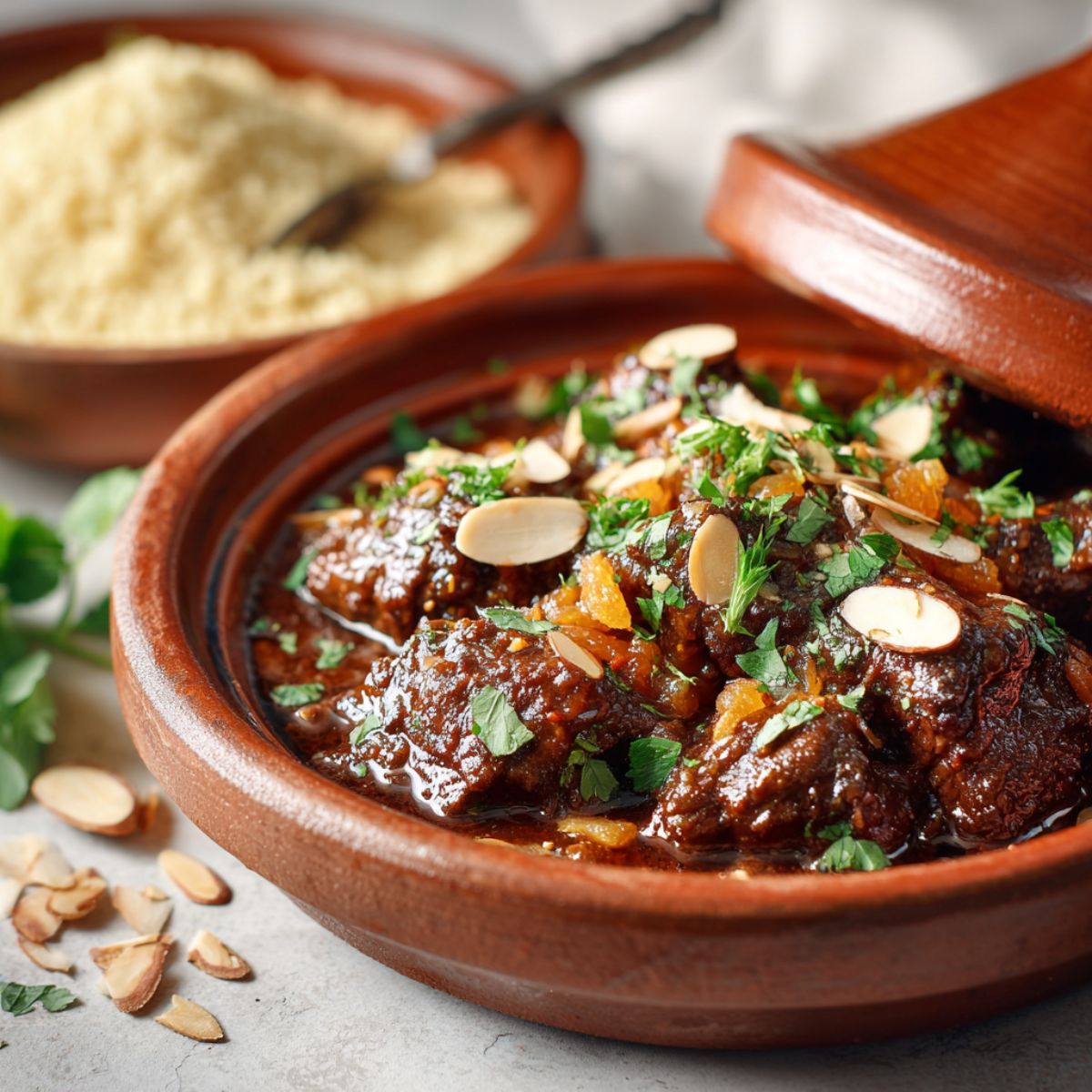 Homemade Moroccan beef tagine recipe in a clay pot on a white kitchen counter, captured from above with a rustic, homemade feel.