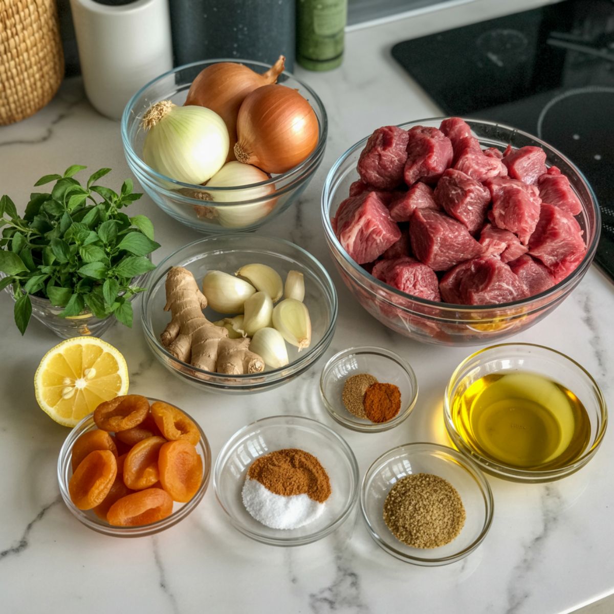 Overhead view of fresh ingredients for homemade Moroccan beef tagine — beef cubes, spices, dried apricots, and herbs on a white kitchen counter.