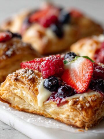 Homemade berry puff pastries recipe cooling on a white marble counter with melted berry juices and flaky golden crusts.
