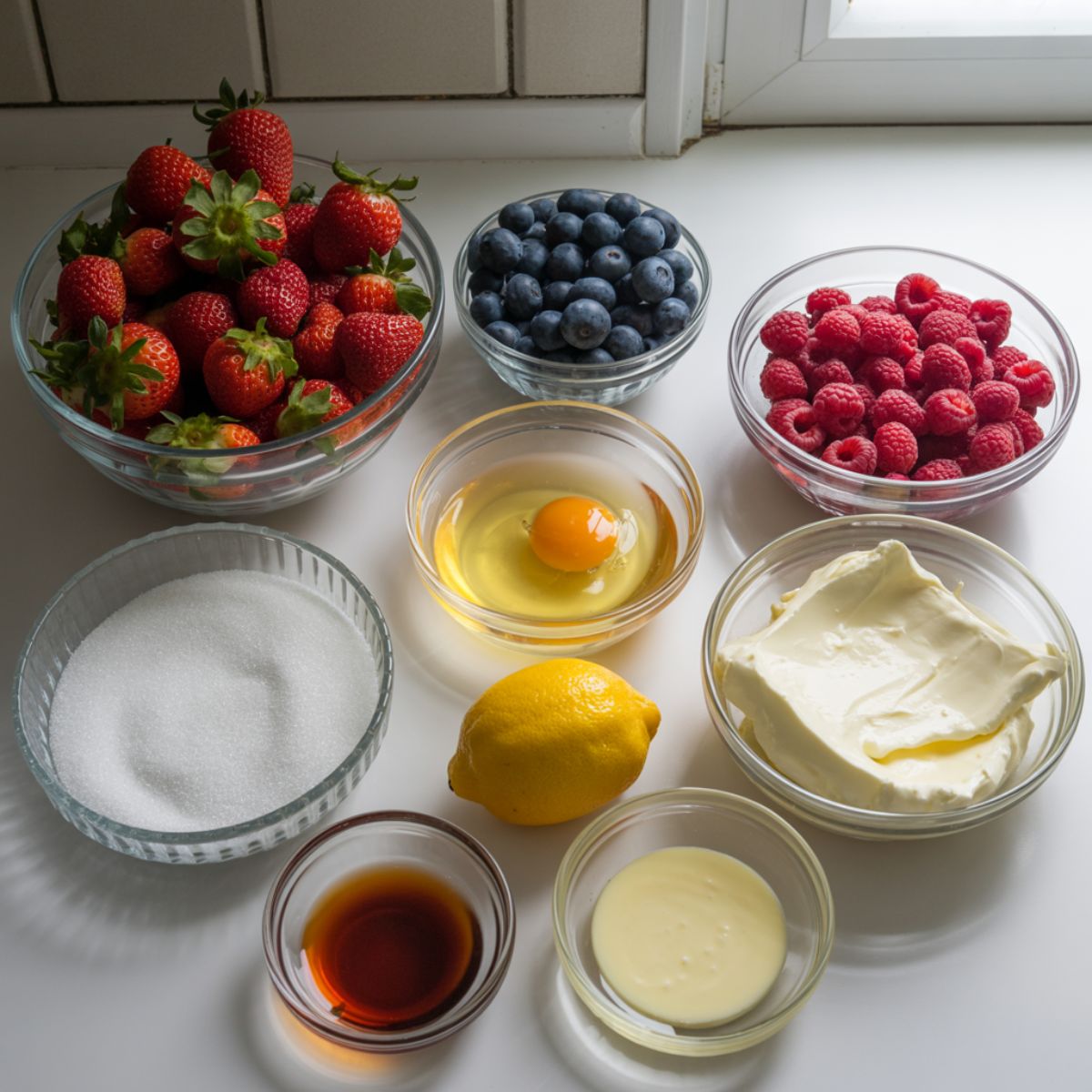 Overhead view of mixed berries, puff pastry sheet, egg, sugar, and cream cheese laid out on a white marble counter for a homemade berry puff pastry recipe.